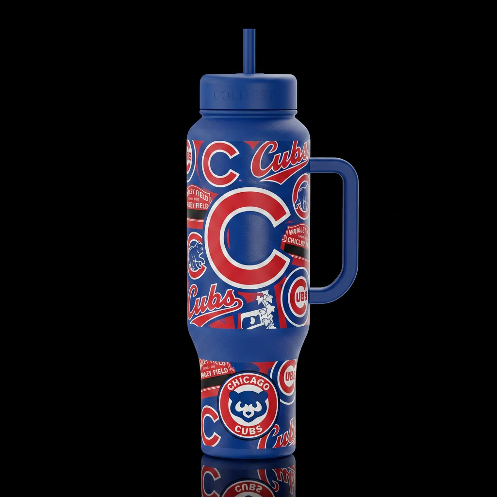Red white and blue Chicago Cubs water bottle design