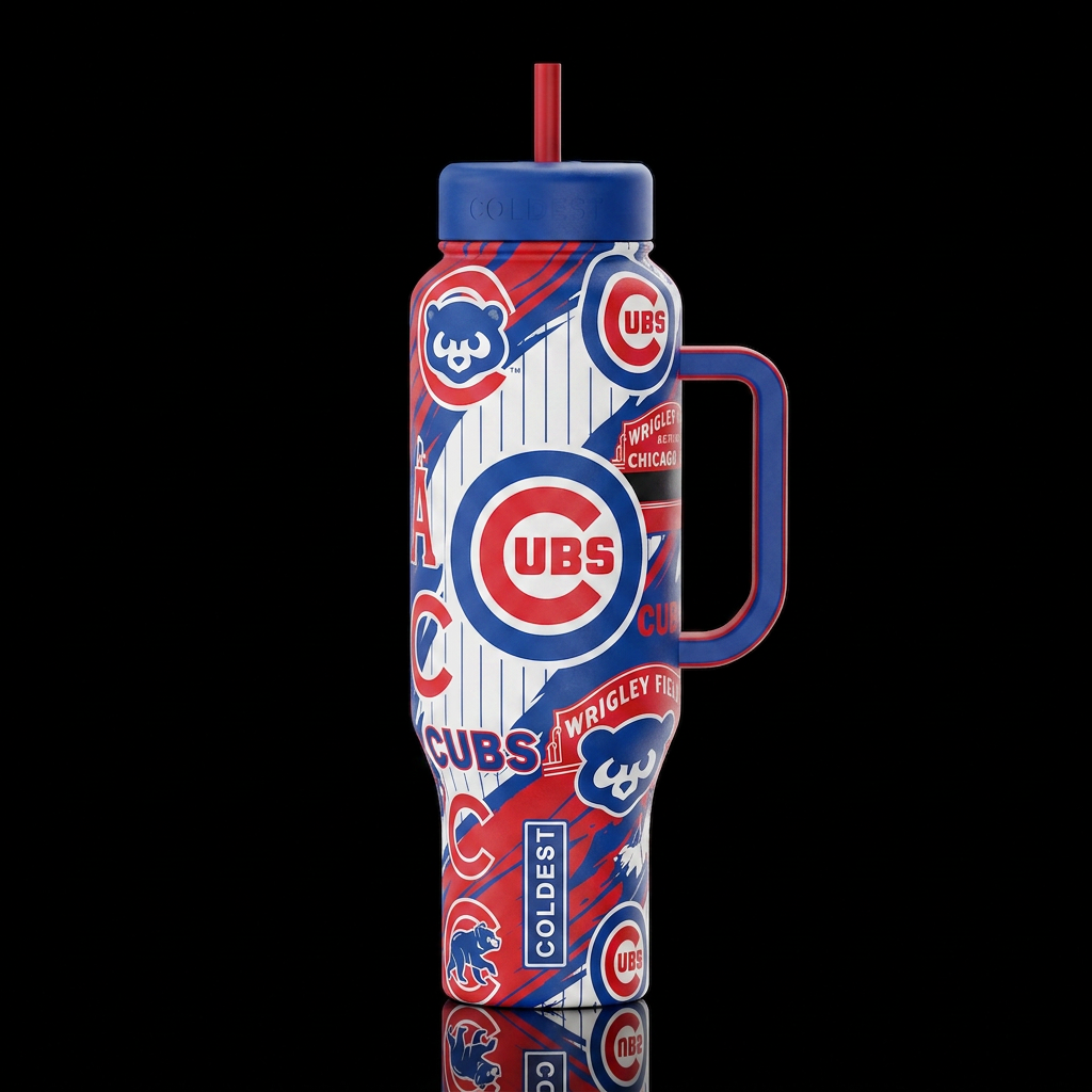 Red white and blue Chicago Cubs water bottle design