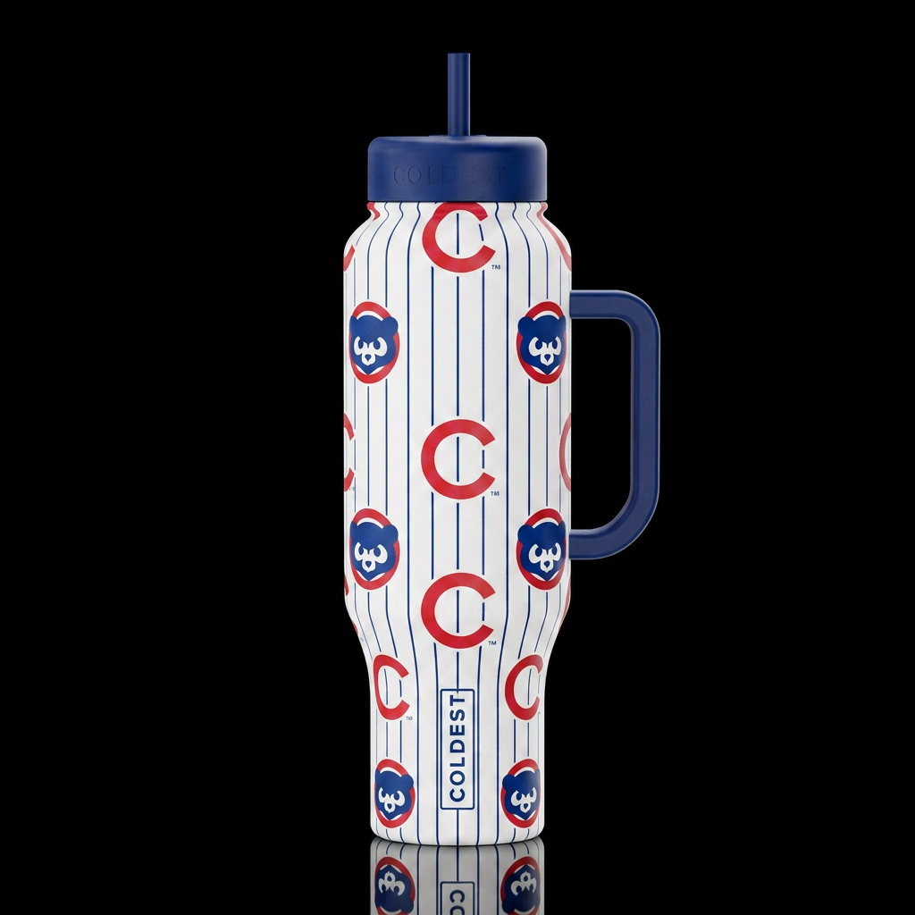 Red white and blue Chicago Cubs water bottle design