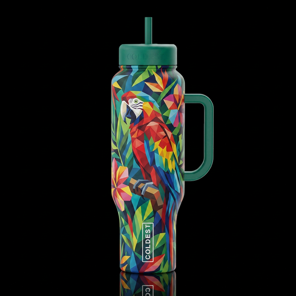 macaw jungle flowers cubist water bottle design