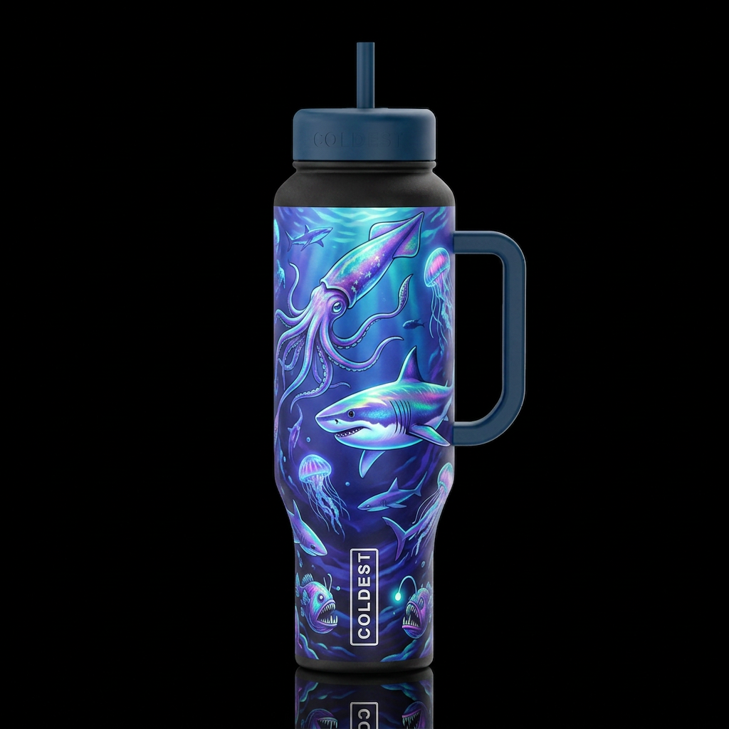 Deep sea giant squid shark, irridescent, glowie water bottle design