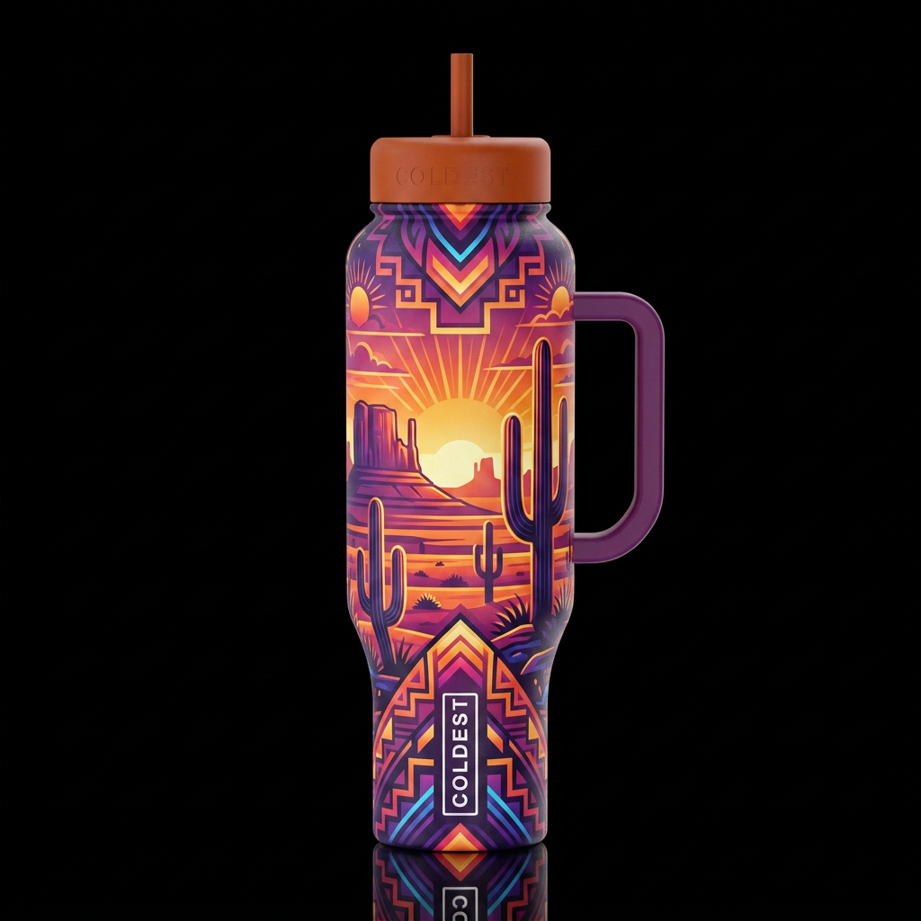 maximalist, aztec, glowie desert sunset water bottle design
