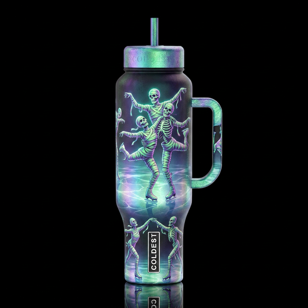 Mummy skeleton, irridescent glowie, ice dancing water bottle design