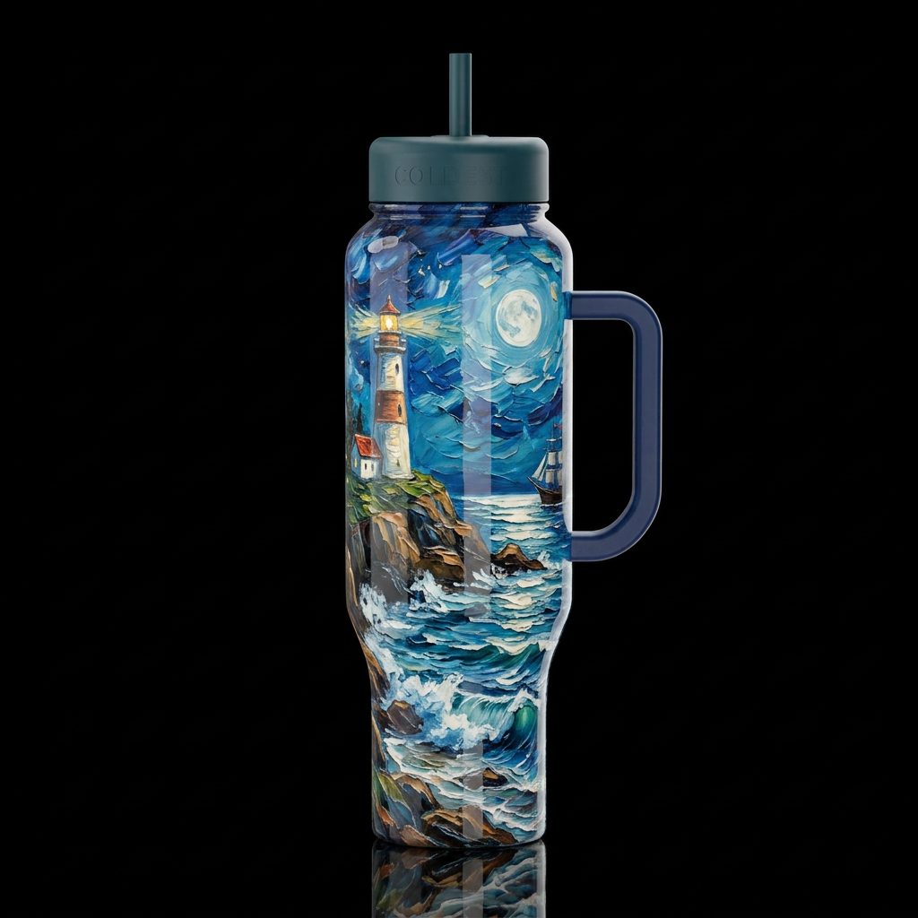 lighthouse rocks ocean waves, glowie full moon shi... water bottle design