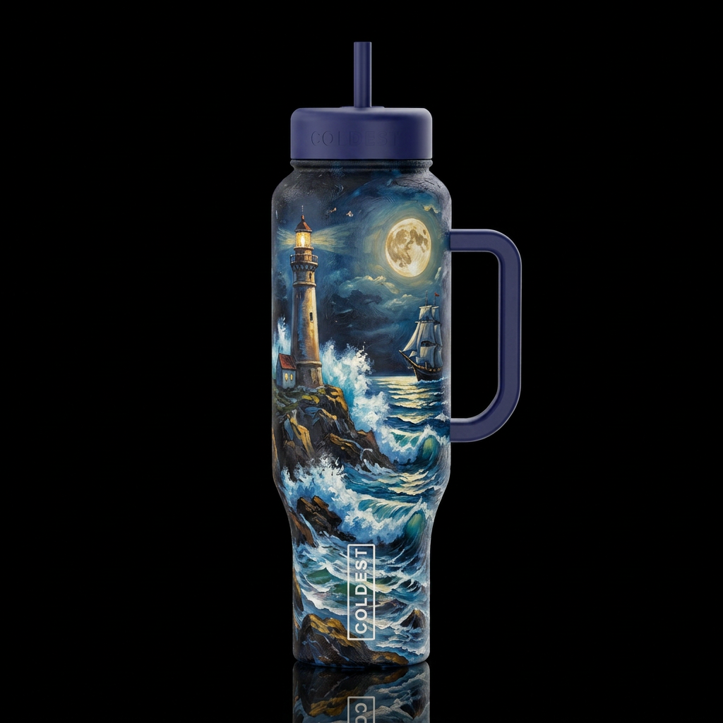 lighthouse rocks ocean waves, glowie full moon shi... water bottle design