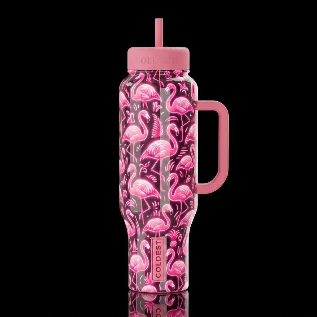 Flamingo's pink, glowie, shiny, seamless wallpaper water bottle design