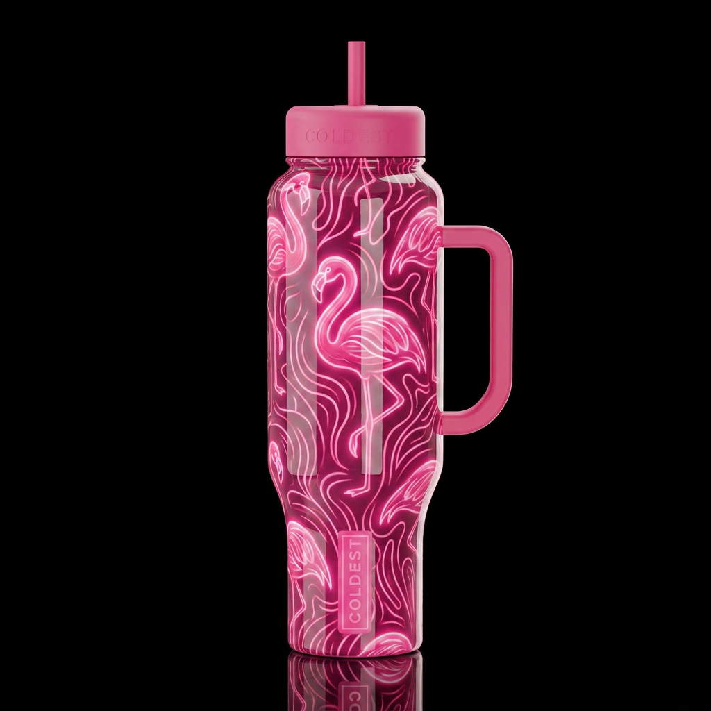 Flamingo's pink, glowie, shiny, seamless wallpaper water bottle design