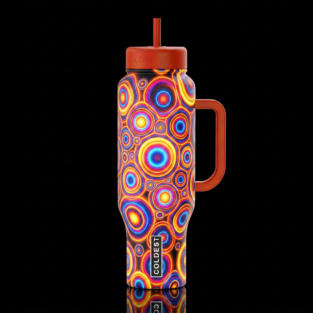 op art bubbles, glowie, vibrant, firery water bottle design