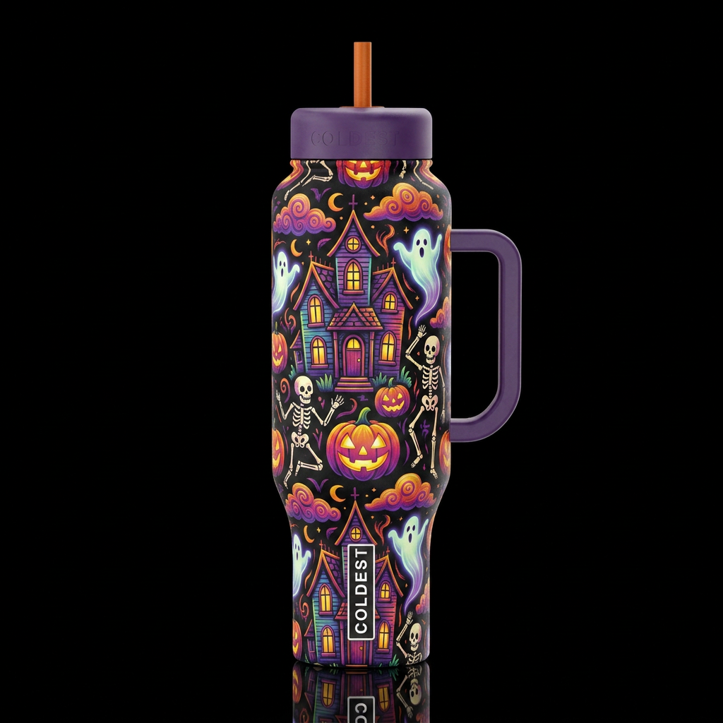 folk art haunted house skeletons Jack o lantern's ... water bottle design