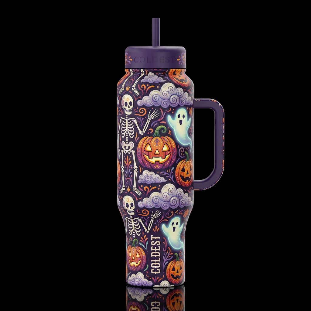 folk art haunted house skeletons Jack o lantern's ... water bottle design