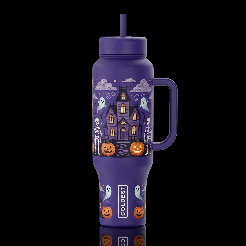 folk art haunted house skeletons Jack o lantern's ... water bottle design