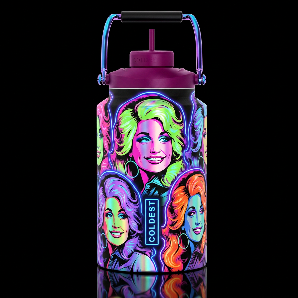 pop art Dolly Parton glowie, irridescent water bottle design