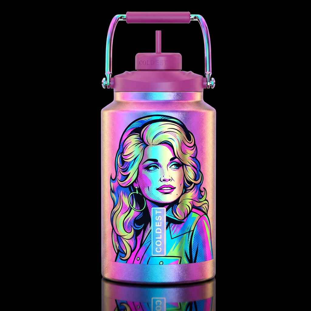 pop art Dolly Parton glowie, irridescent water bottle design