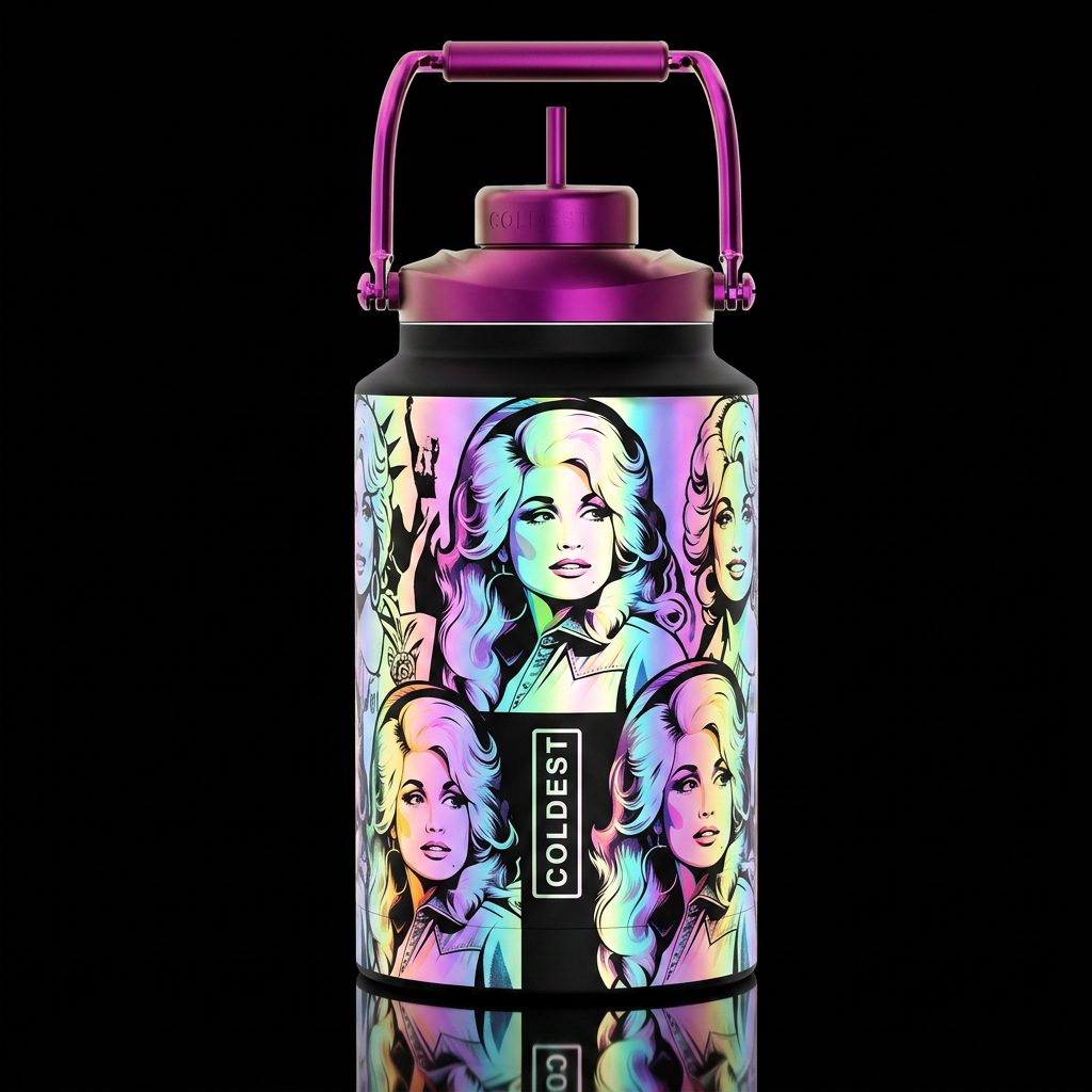 pop art Dolly Parton glowie, irridescent water bottle design