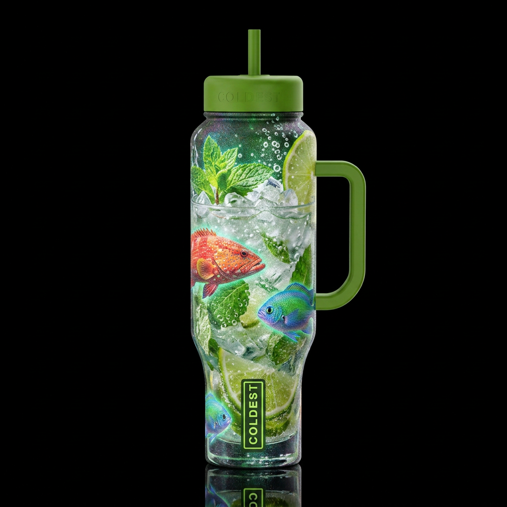 mojito, tropical fish bubbles, glowie, realism, sp... water bottle design