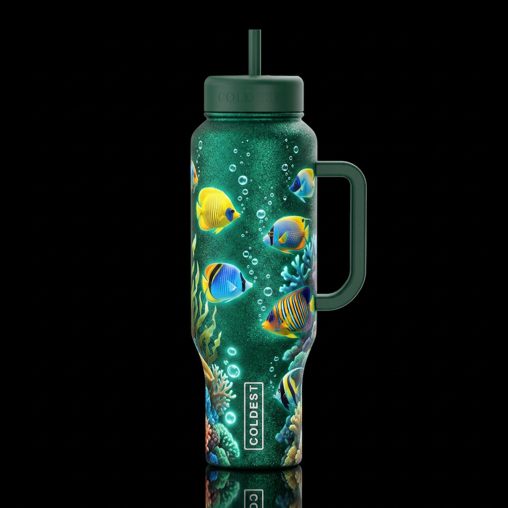 mojito, tropical fish bubbles, glowie, realism, sp... water bottle design