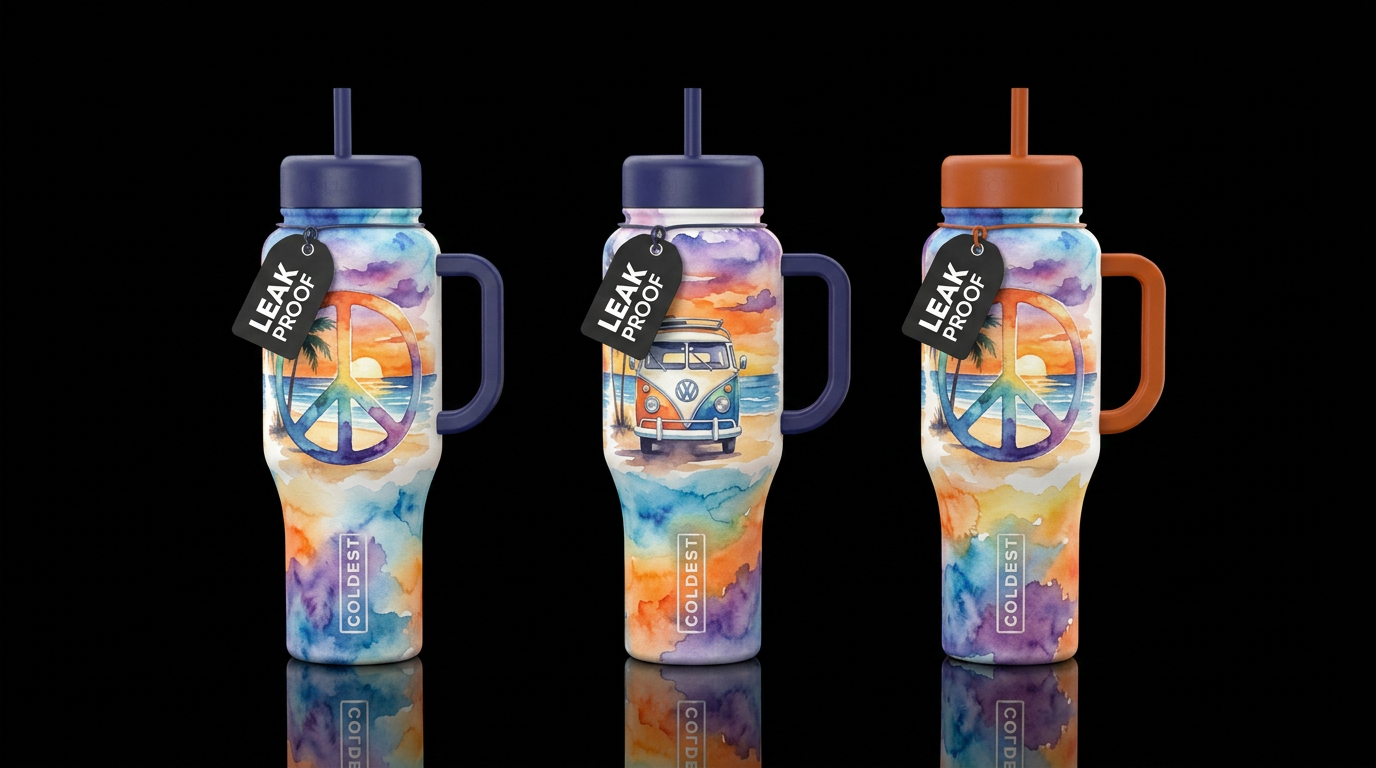 modern, mid century vw bus peace sign beach palm t... water bottle design
