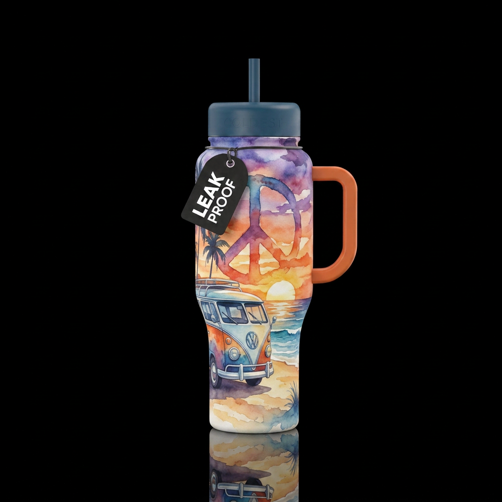 modern, mid century vw bus peace sign beach palm t... water bottle design