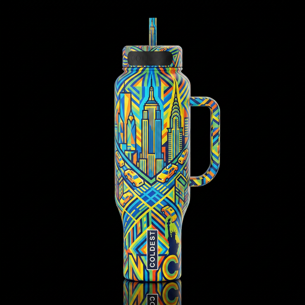 geometric, modern op art New york city water bottle design