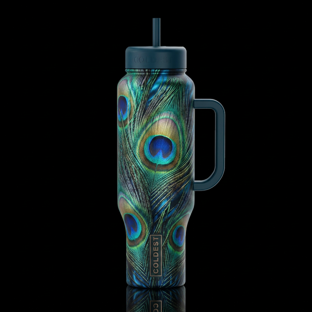 feathers, holographic peacock silky, realism, shin... water bottle design