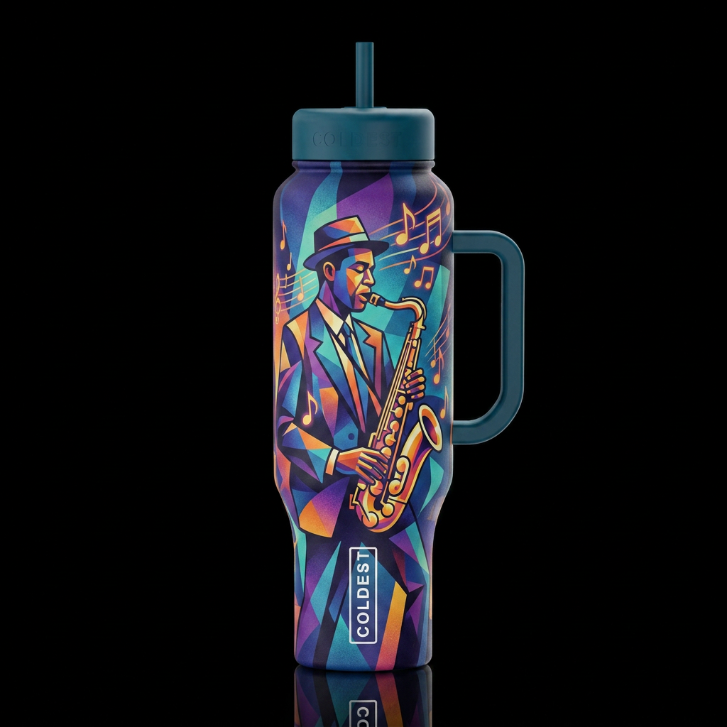 Cubist jaz person playing the saxophone music note... water bottle design