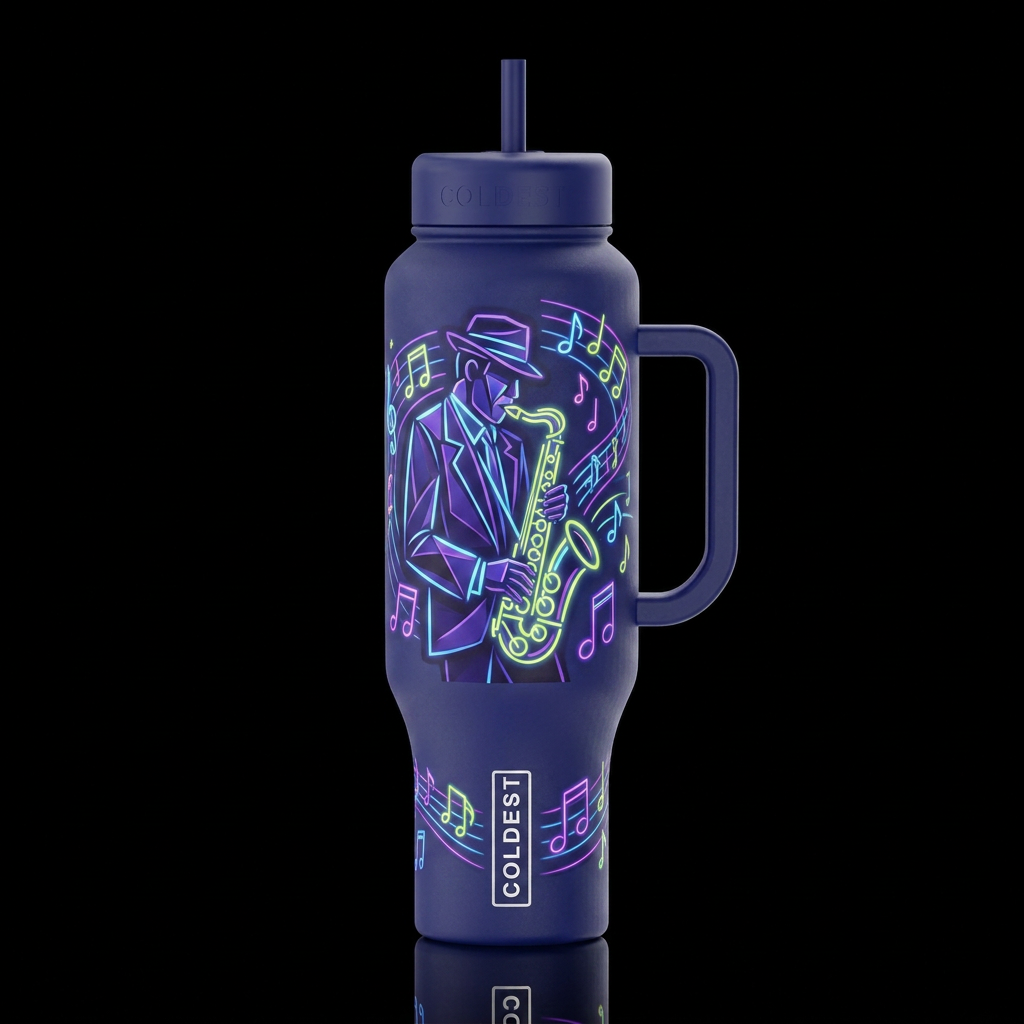 Cubist jaz person playing the saxophone music note... water bottle design