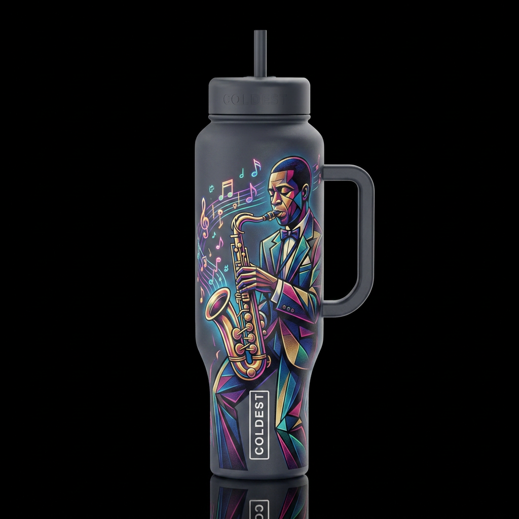 Cubist jaz person playing the saxophone music note... water bottle design