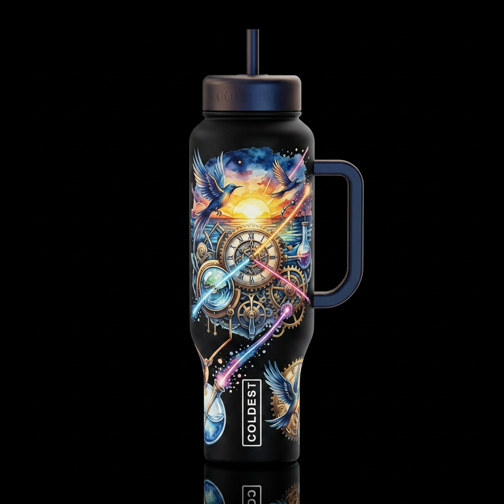 Clock punk scientific laser, magical, birds, sunri... water bottle design