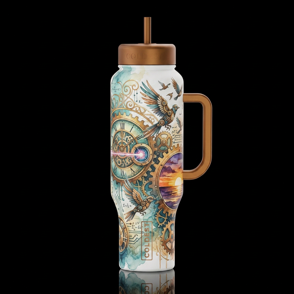 Clock punk scientific laser, magical, birds, sunri... water bottle design