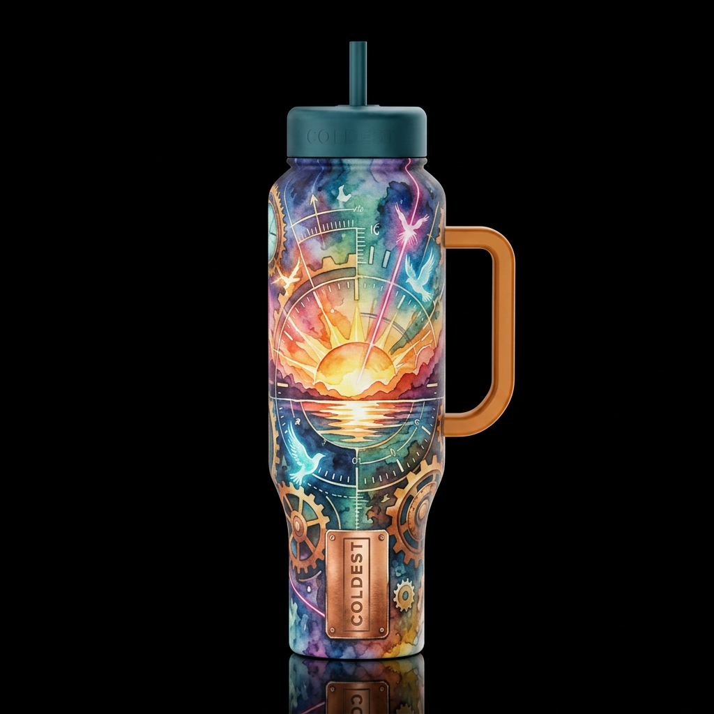 Clock punk scientific laser, magical, birds, sunri... water bottle design