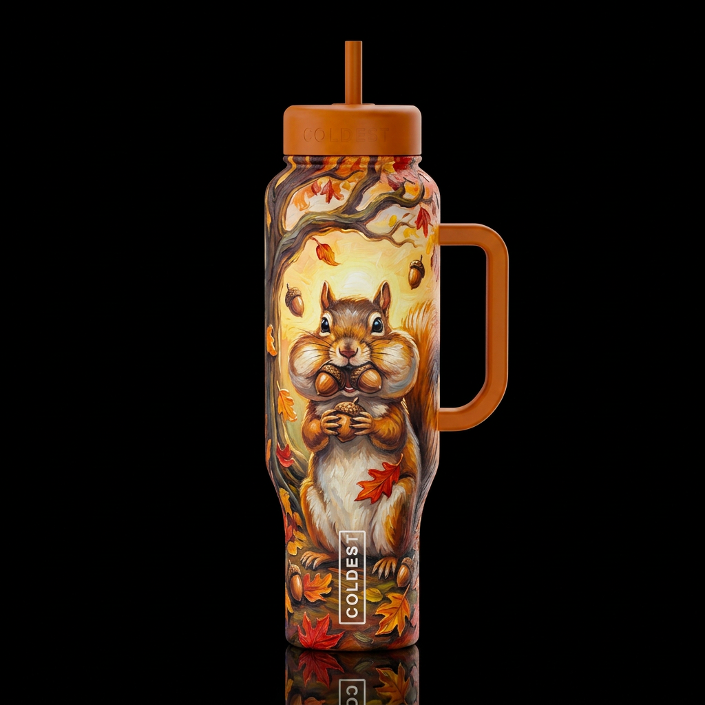 Squirrel's acorns fall leaves tree's sunrise funny... water bottle design