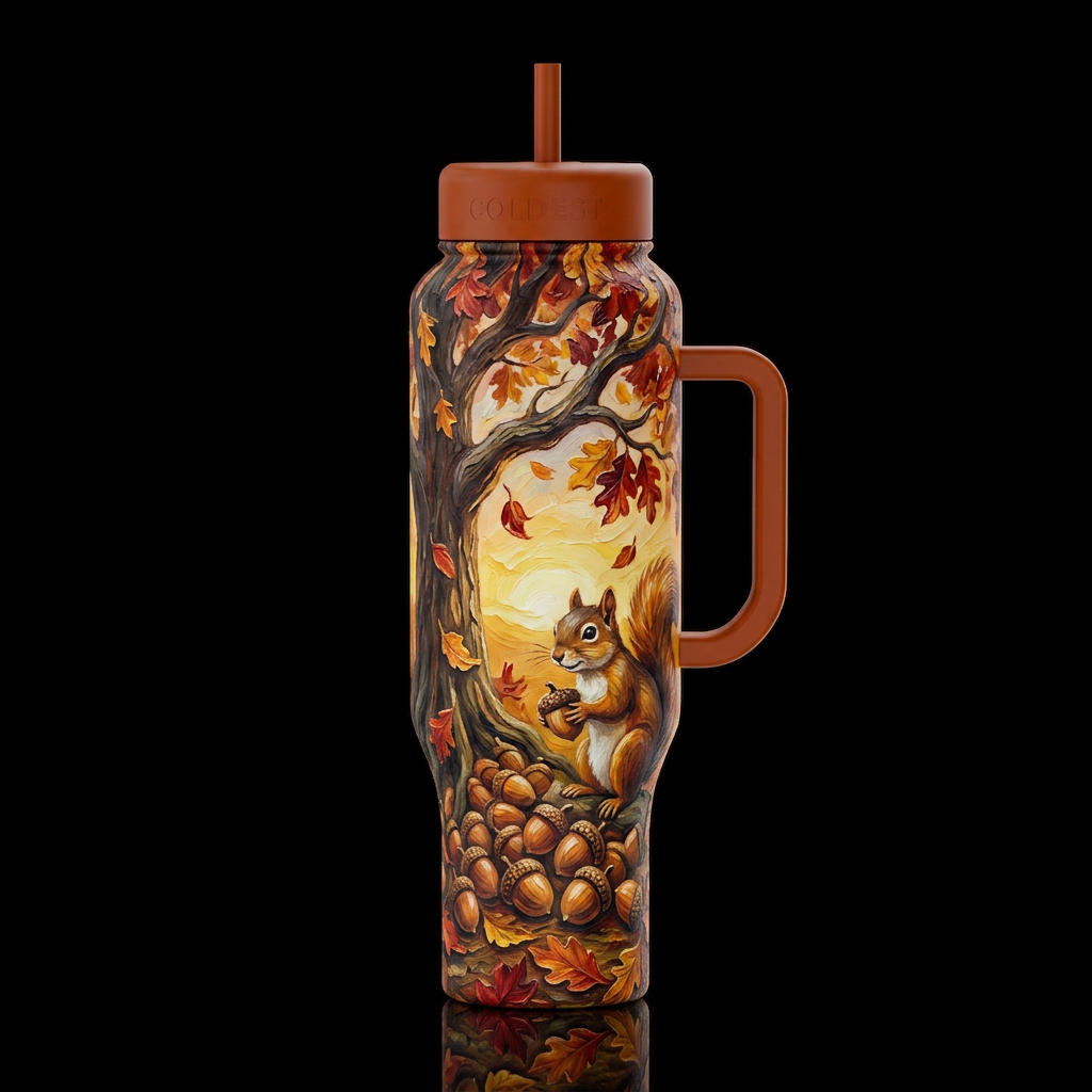 Squirrel's acorns fall leaves tree's sunrise funny... water bottle design