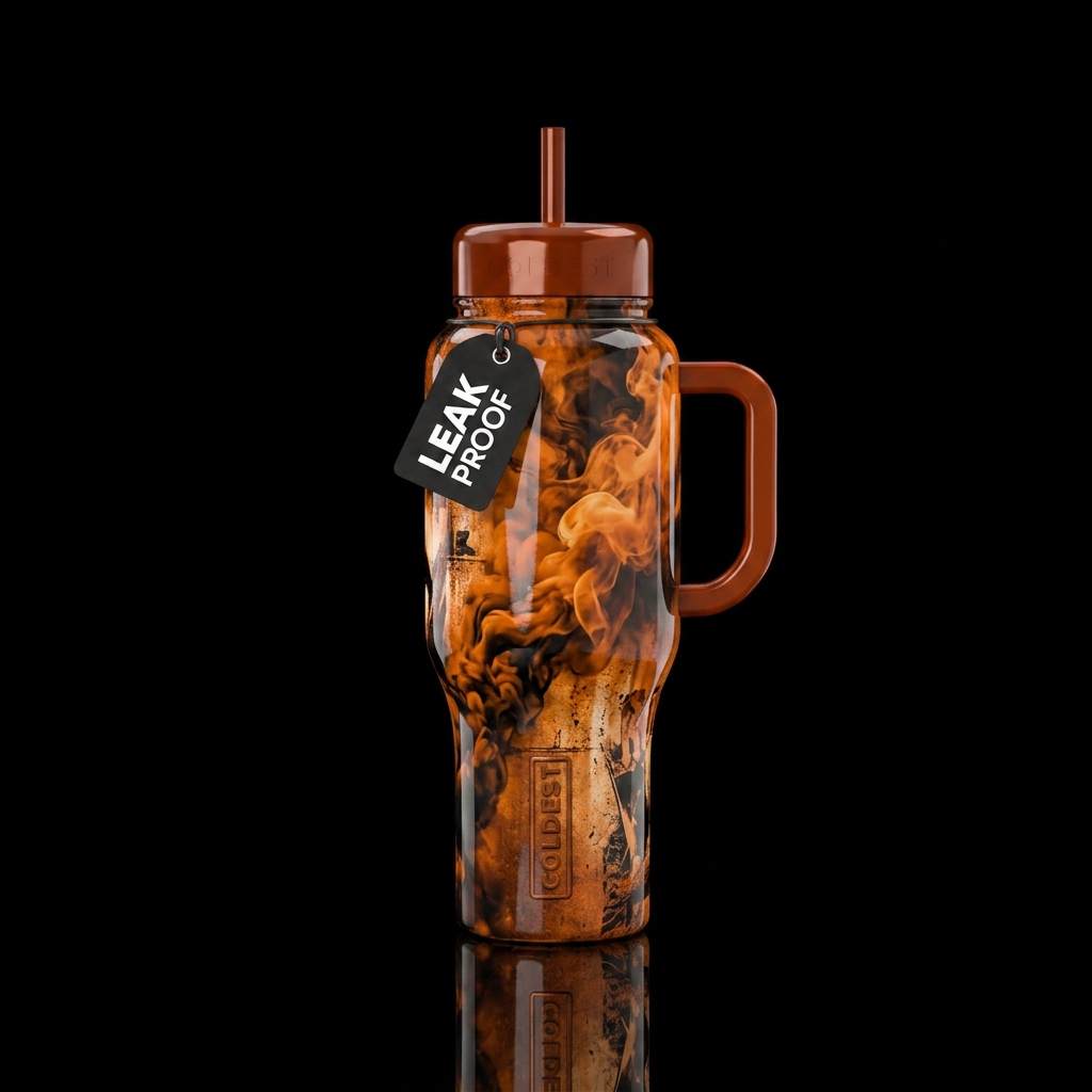smoke, burnt orange, grunge rock, realism, vibrant... water bottle design