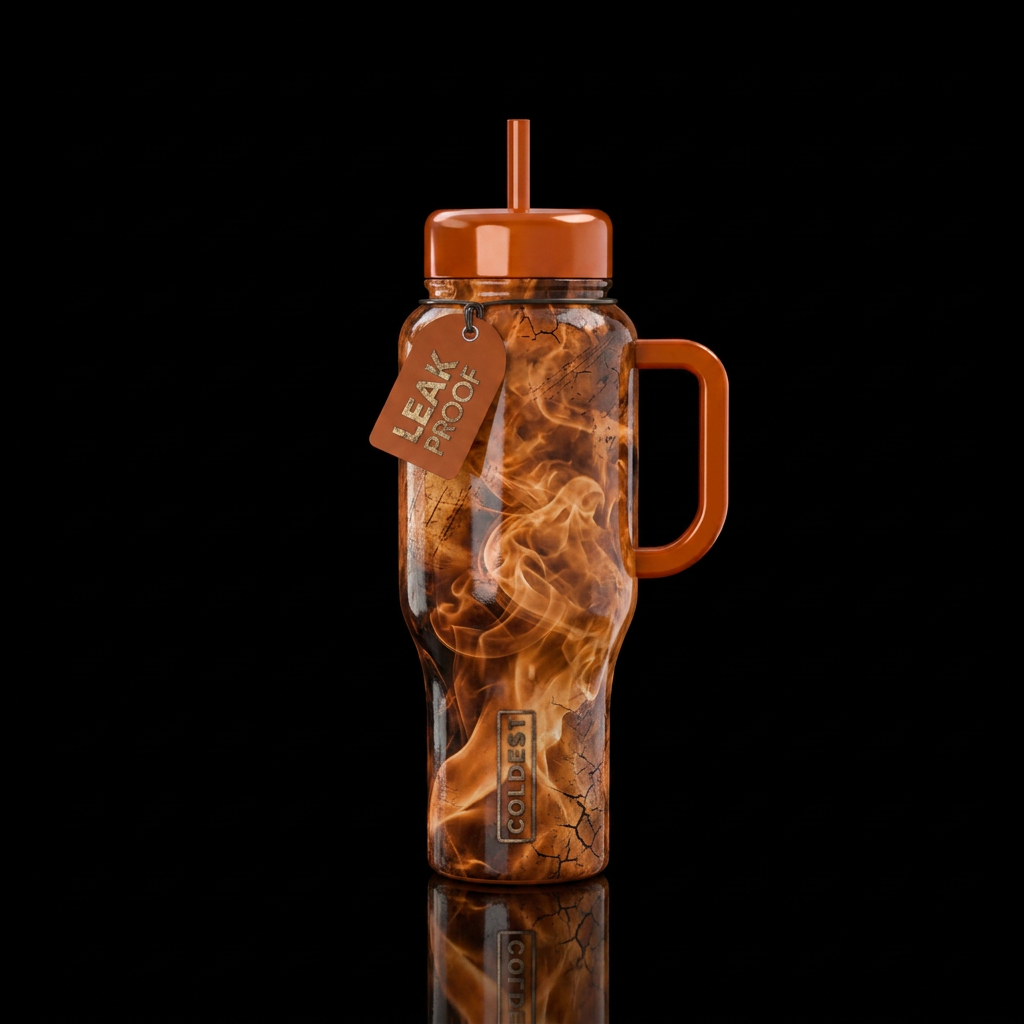 smoke, burnt orange, grunge rock, realism, vibrant... water bottle design