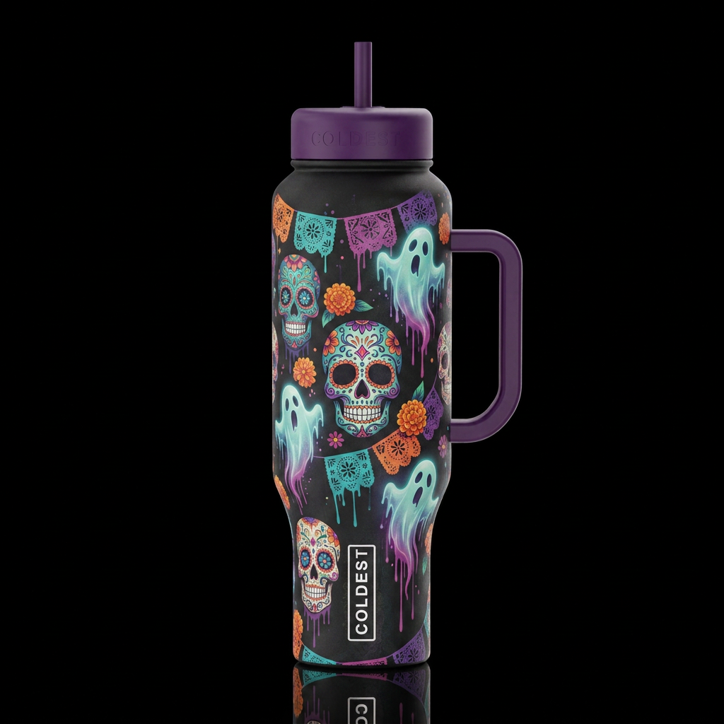 day of the dead, dripping, glowie ghosts water bottle design