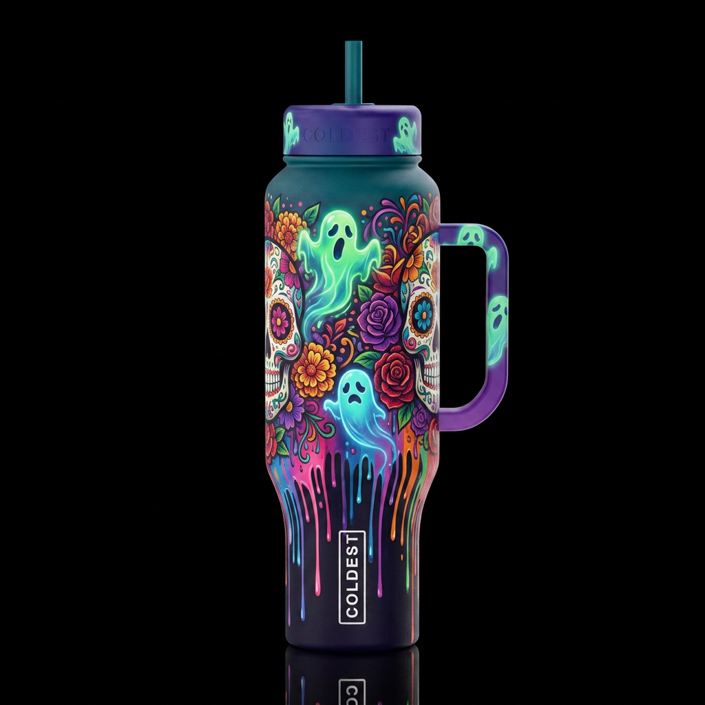 day of the dead, dripping, glowie ghosts water bottle design