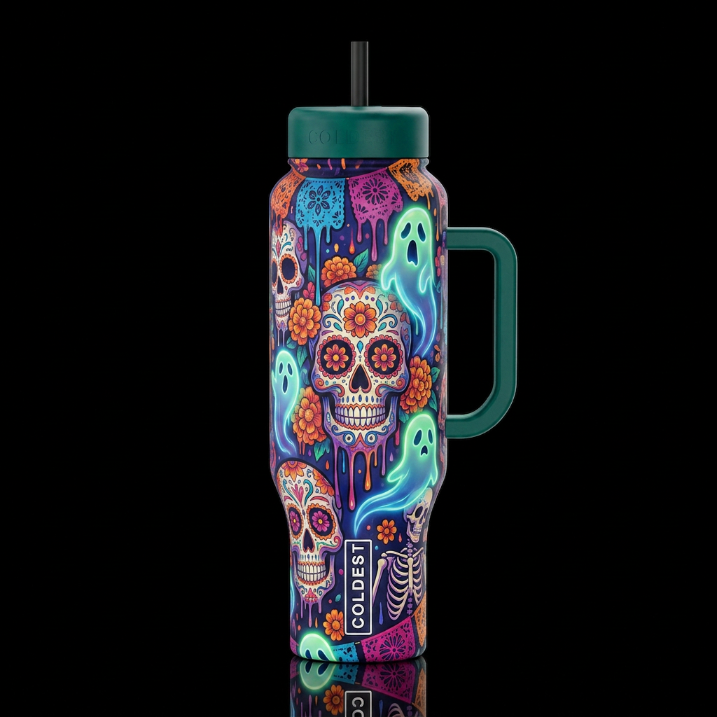 day of the dead, dripping, glowie ghosts water bottle design