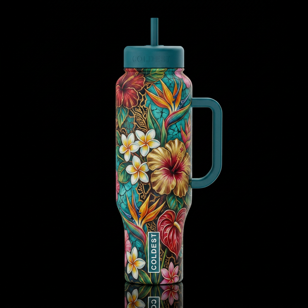 batik, tropical flowers, realism, sculpted, oil pa... water bottle design
