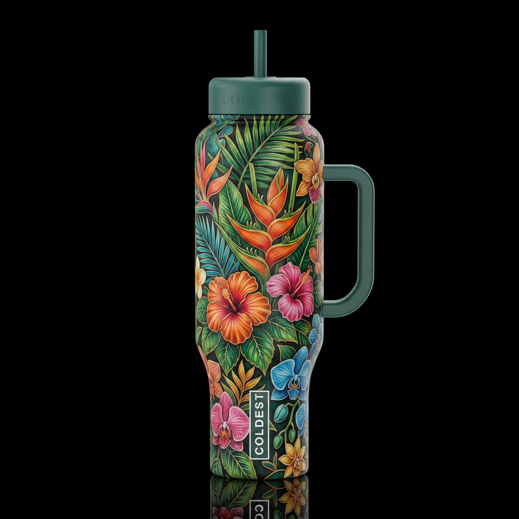 batik, tropical flowers, realism, sculpted, oil pa... water bottle design