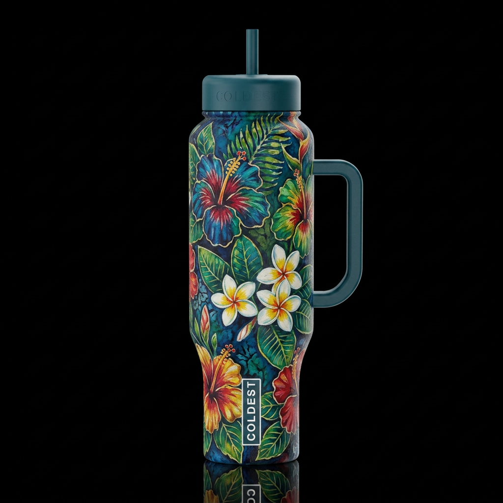 batik, tropical flowers, realism, sculpted, oil pa... water bottle design