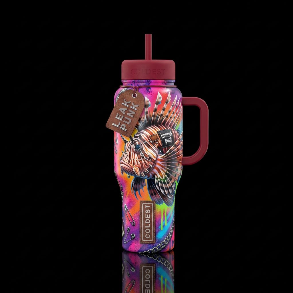 lionfish, punk rock, realism, funny, shiny water bottle design