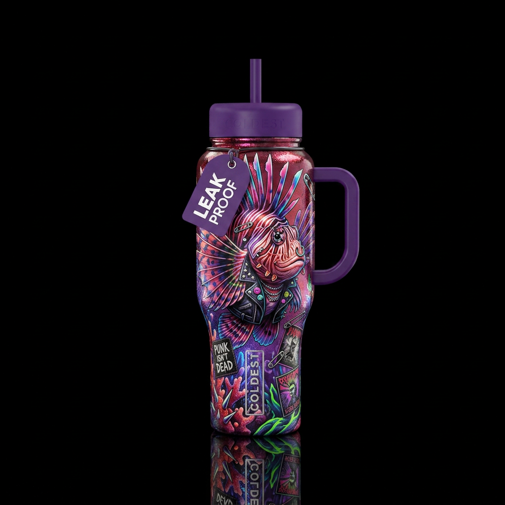 lionfish, punk rock, realism, funny, shiny water bottle design