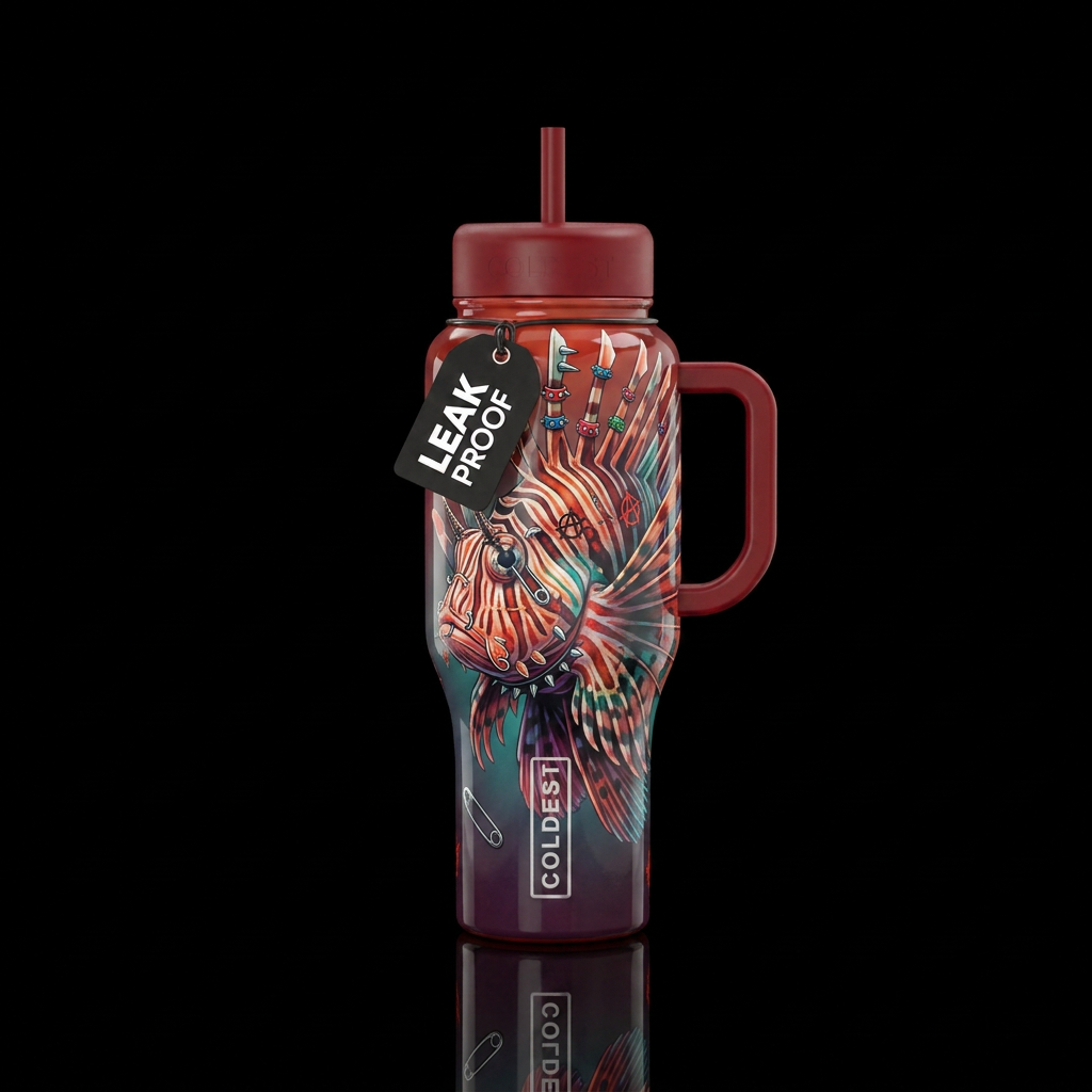 lionfish, punk rock, realism, funny, shiny water bottle design