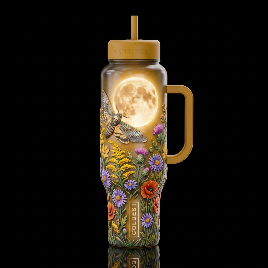 moth, sculpted, realism wild flowers, glowie harve... water bottle design