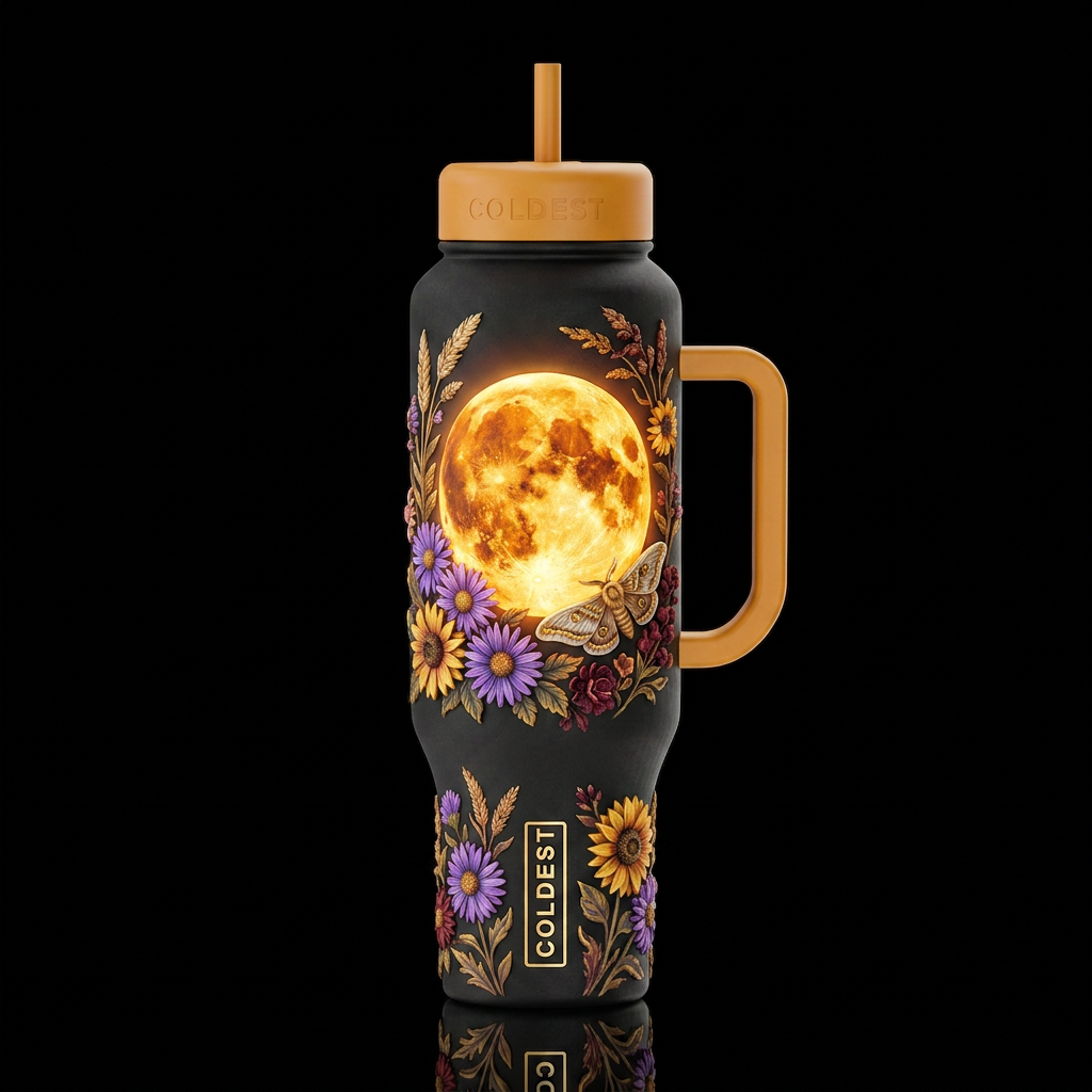 moth, sculpted, realism wild flowers, glowie harve... water bottle design