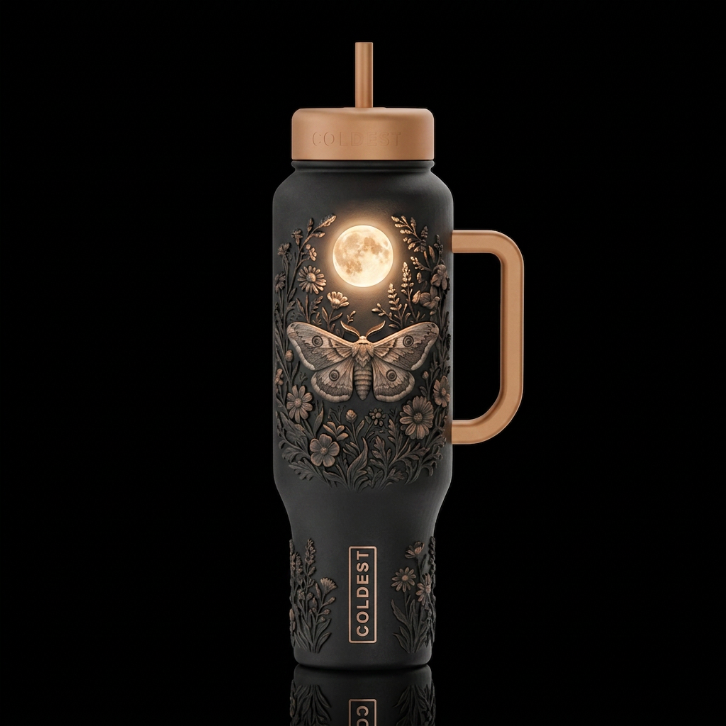 moth, sculpted, realism wild flowers, glowie harve... water bottle design