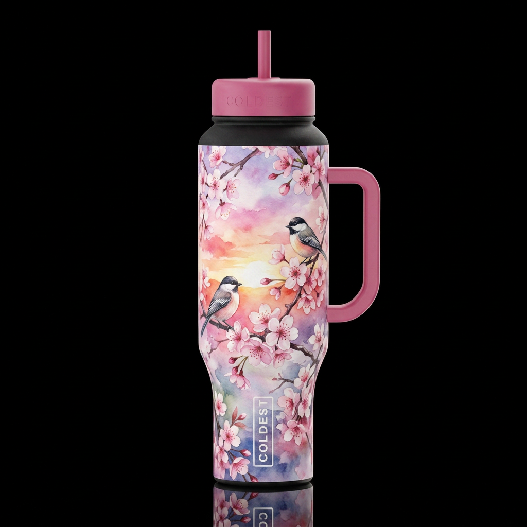 cherry blossom season, birds sunrise, watercolor water bottle design
