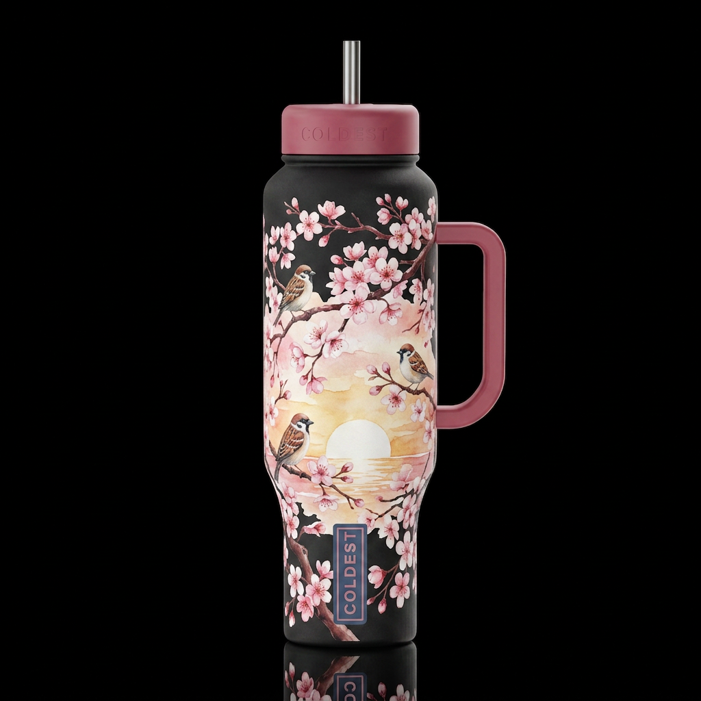 cherry blossom season, birds sunrise, watercolor water bottle design
