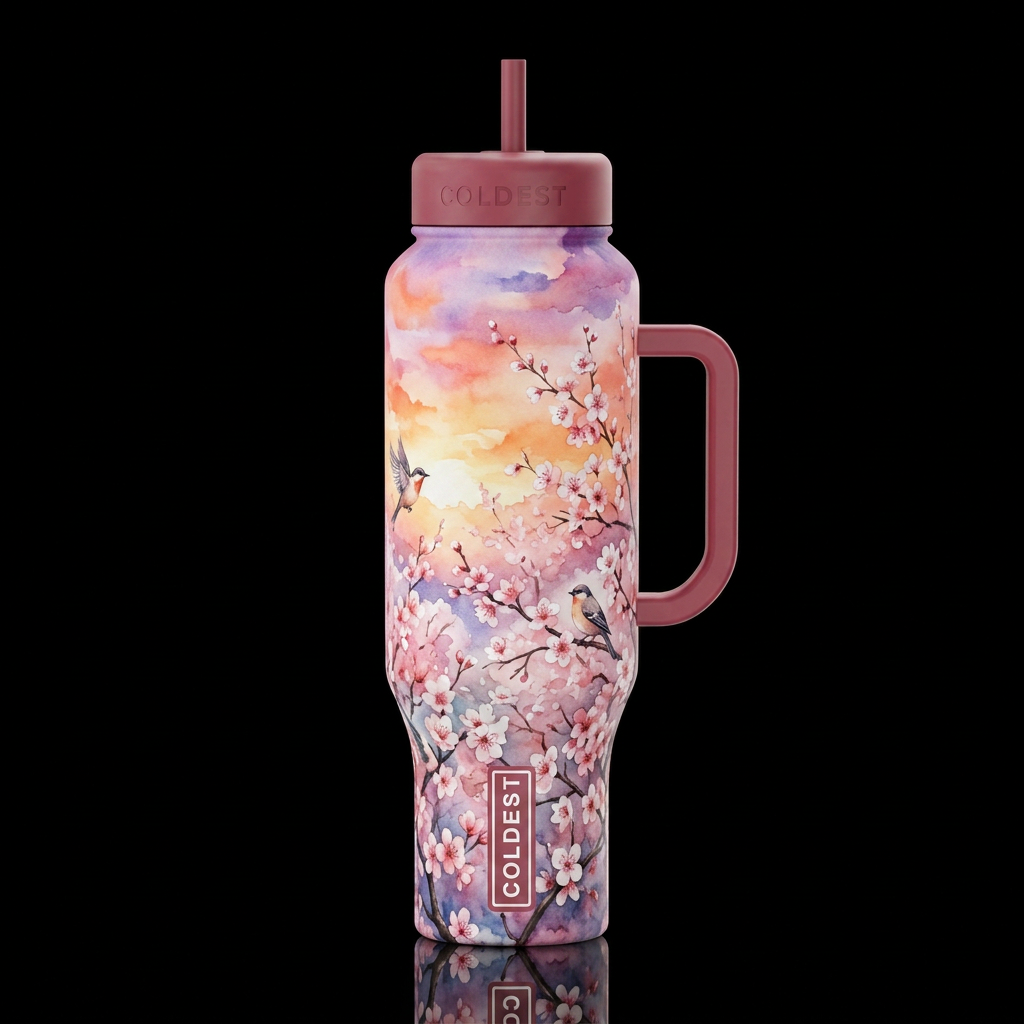 cherry blossom season, birds sunrise, watercolor water bottle design