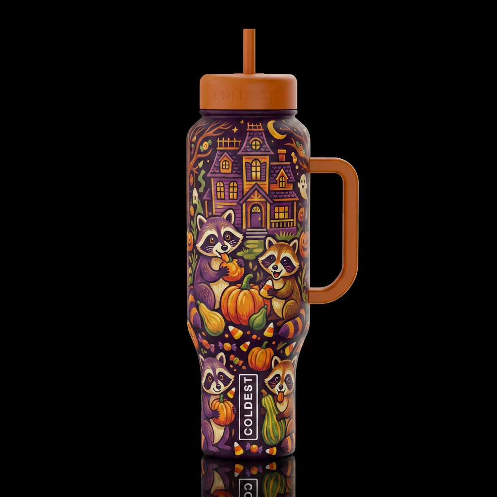 cartoon racoons eating pumpkins gourds candy haunt... water bottle design